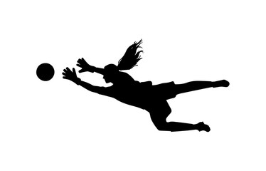 A dynamic silhouette of a female soccer goalkeeper in mid-air, diving to catch the ball.