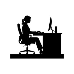 A black and white silhouette of a businessman seated at a desk, working on a computer.