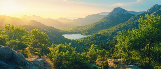 Mountain valley with lake and golden sunlight during summer hike