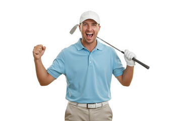 A joyful golfer celebrates a successful shot isolated on transparent background
