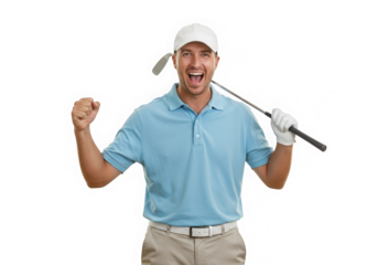 A joyful golfer celebrates a successful shot isolated on transparent background