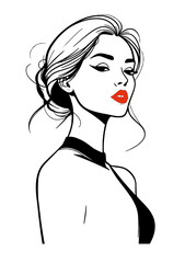 A stylish woman with flowing hair and a chic outfit, depicted in a minimalist black and white illustration.