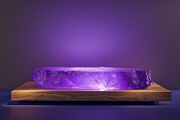 Amethyst crystal podium on wooden base with dramatic lighting. Luxury Product Podium. Jewelry Mockup.