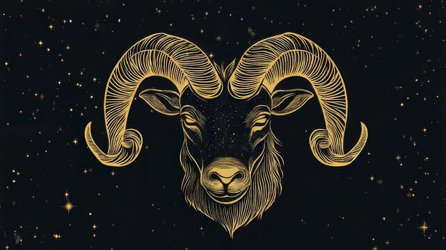 Golden ram head surrounded by glittering stars in cosmic motion
