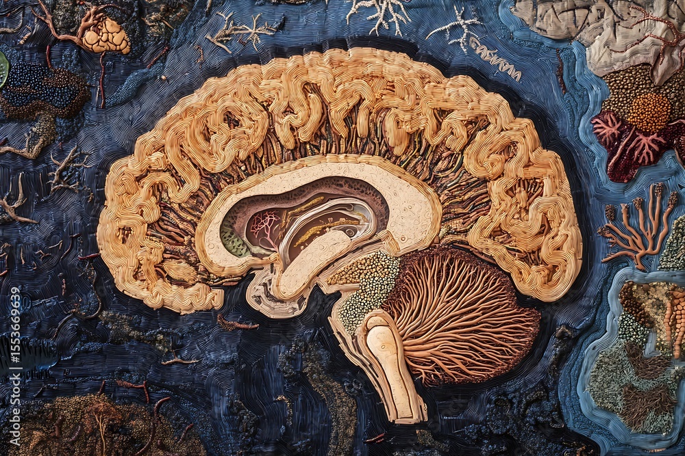 Poster top-down view of the human brain highlighting the cerebral cortex and the different functional areas