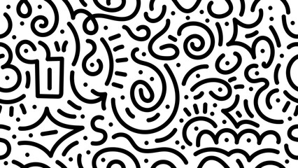 Doodle geometric seamless pattern background. Monochrome retro abstract style shapes 80s 90s  Cute kid doodle design pattern. Vector illustration.