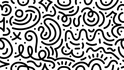 Doodle geometric seamless pattern background. Monochrome retro abstract style shapes 80s 90s  Cute kid doodle design pattern. Vector illustration.