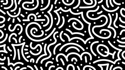 Doodle geometric seamless pattern background. Monochrome retro abstract style shapes 80s 90s  Cute kid doodle design pattern. Vector illustration.