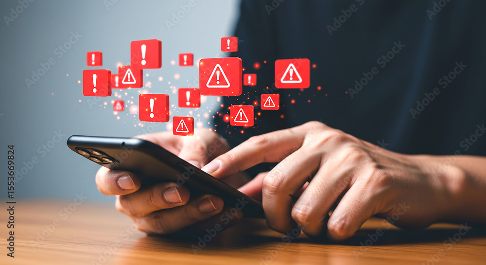 Poster person using smartphone with floating red warning and alert icons above the device on a wooden table