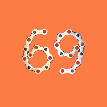 A 3D rendering of the number 69 formed from interlinked gray metal chains, giving it a bold and industrial look.