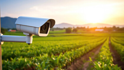 Security camera watches over rows of healthy crops in the warm setting sun.