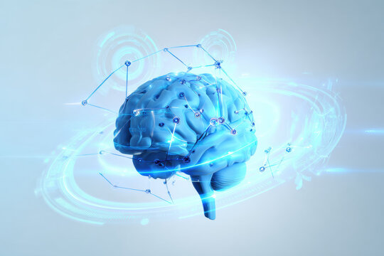 Futuristic digital brain with glowing neural network and abstract blue technology elements. Artificial intelligence, innovation, science, data processing, virtual mind, cyber concept, medical backgrou