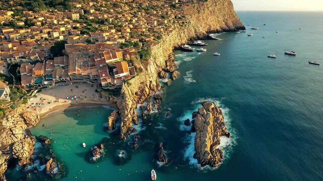 Stunning sea cliffs and vibrant resort beach in Tossa de Mar town, Sea Cliffs And Resort Beach In Tossa de Mar Town, Costa Brava, Catalonia Spain Aerial Wide Shot