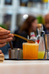 Bartender carefully placing orange slice on refreshing cocktail