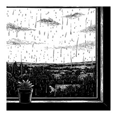 Fototapeta premium Black and White Outline Line Art Drawing of a Rainy Day Sky Landscape View from a Window with Potted Plant