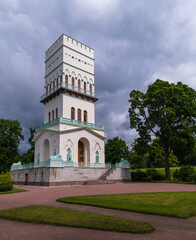 Iimperial White Tower in Alexander Park, Pushkin, Tsarskoe Selo, Saint Petersburg, Russia.