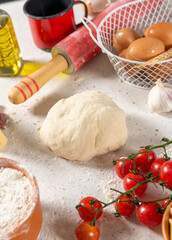 Ingredients for cooking Fried and pizza pastry with minced meat on light background.