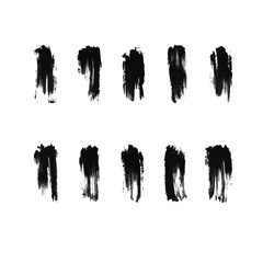 Collection of black ink brush strokes on white background. Grunge hand-drawn texture elements for design, banners, backgrounds, frames, and artistic projects.