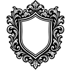 Elegant Black and White Ornate Victorian Shield Frame - Flourish Emblem for Luxury and Classic Design