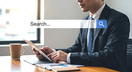 Businessman using tablet with search bar overlay near window and coffee mug on wooden desk top