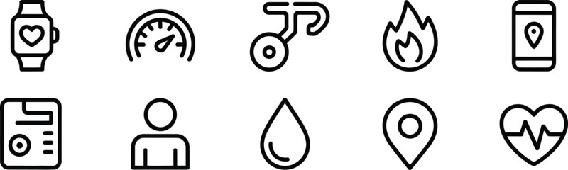 Vector Icon Set for Health and Wellness Monitoring, Includes Heart, Water, and Location Icons 