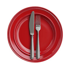 3D icon of a red plate with a knife and fork, top view, isolated on a transparent background in PNG format.