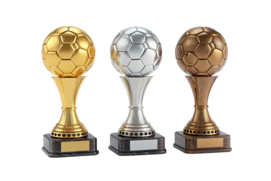 Gold silver and bronze soccer trophies isolated on transparent background