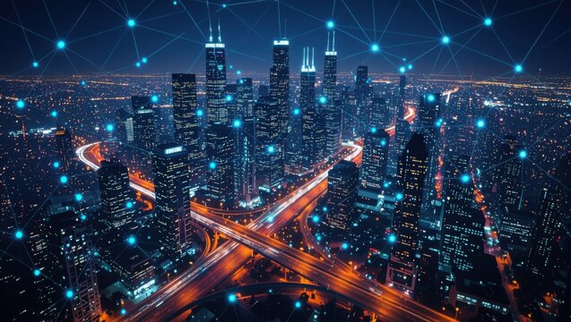 Connected cityscape at night with digital network overlay and streaking traffic lights