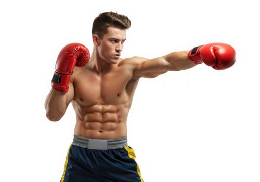 Muscular boxer throwing a punch isolated on transparent background
