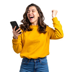 Thrilled Woman Celebrating Mobile Win with Both Hands Raised, Transparent Background