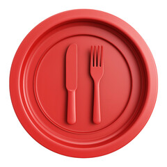 3D icon of a red plate with a knife and fork, top view, isolated on a transparent background in PNG format.
