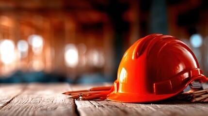 An orange construction helmet placed on a rustic wooden table, symbolizing safety and protection in the construction industry, surrounded by a blurring background.