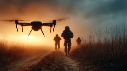 In an intense action scene, soldiers dash forward as a drone hovers above them, creating a dramatic atmosphere filled with urgency and military presence.