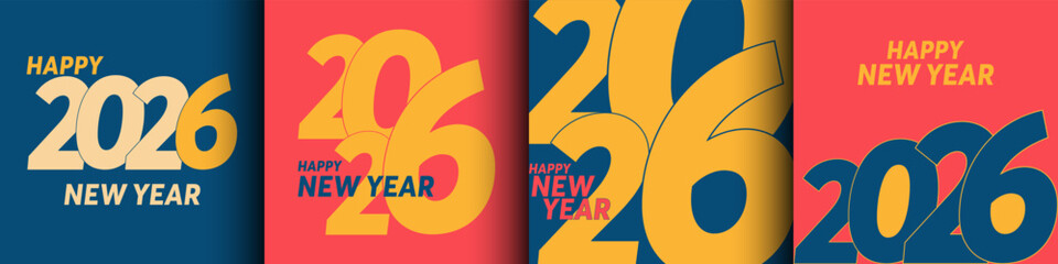 Number 2026 Happy New Year square logo text design. Collection  Set design template of 2026 Happy New Year card, cover, poster, labels isolated on colorful background.