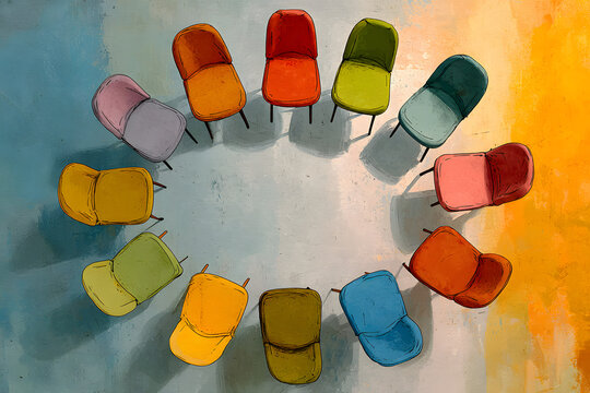 Colorful chairs circle arrangement meeting collaboration teamwork discussion group therapy concept