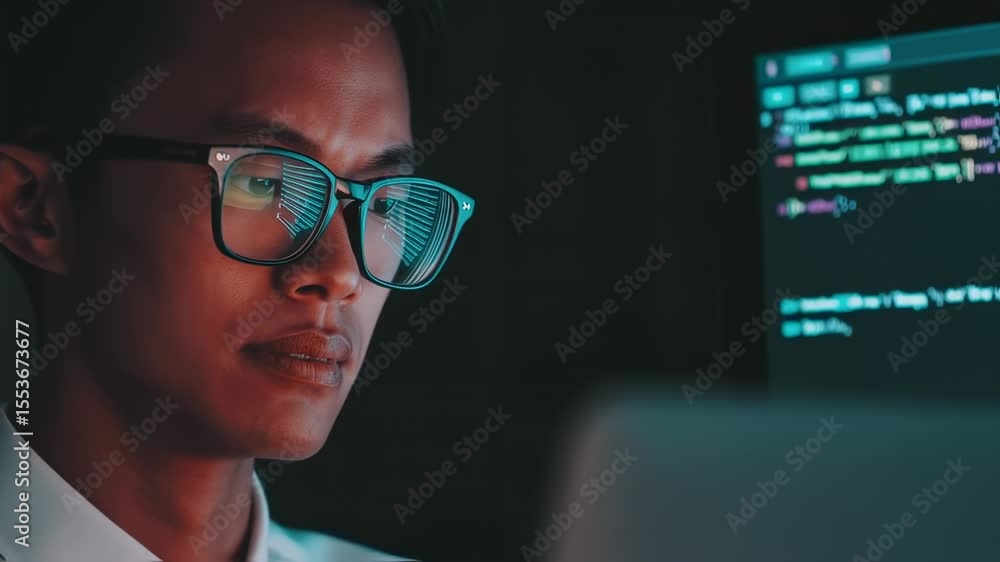 Poster code's glow: a focused individual peers intently at the monitor, his glasses reflecting the illumina