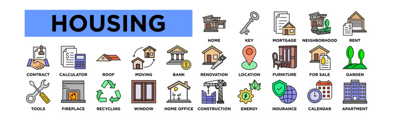 HOUSING icon set. Editable Stroke Icon Collection. Home, Key, Mortgage, Neighborhood, Rent, Renovation, Location, Furniture, For Sale, Garden, Contract, Calculator, Roof, Moving, Bank, Construction,  