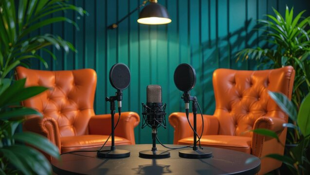 A professional podcast studio setup featuring two orange leather armchairs and three microphones ready for recording