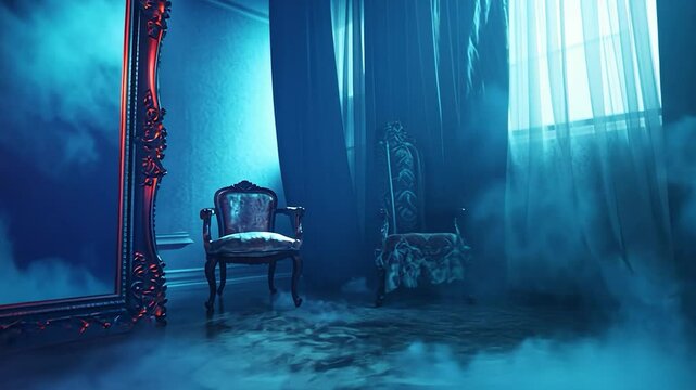Ornate mirror and ethereal fog in a mysterious room illuminated by blue and red light