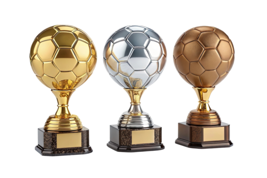 Three soccer trophies in gold silver and bronze isolated on transparent background - Powered by Adobe