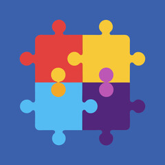 Four colorful puzzle pieces interlocked together forming a larger square on a blue background