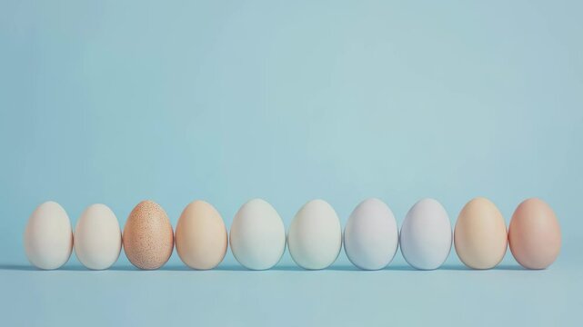 Colorful eggs roll in sequence on blue background set to rhythm