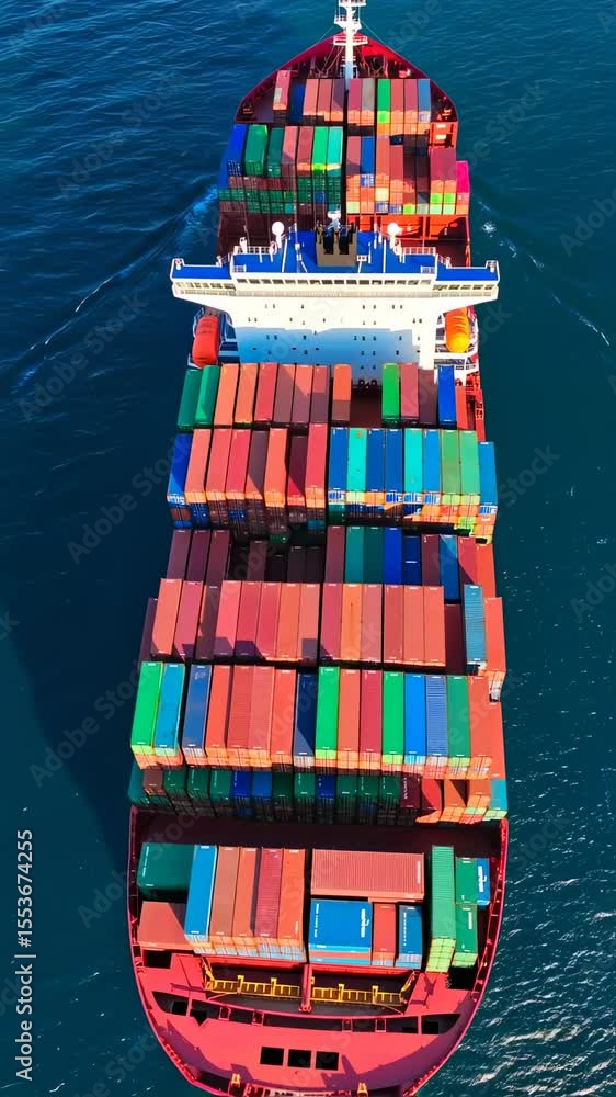 Poster navigating the ocean's cargo: a towering cargo ship, laden with colorful containers, cuts through th