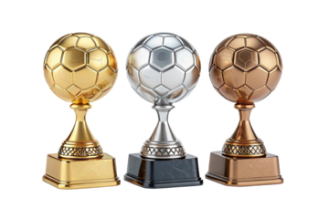 Three soccer trophies gold silver bronze isolated on transparent background