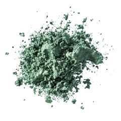Close up of a pile of fine green powder with small particles scattered around isolated on transparent background