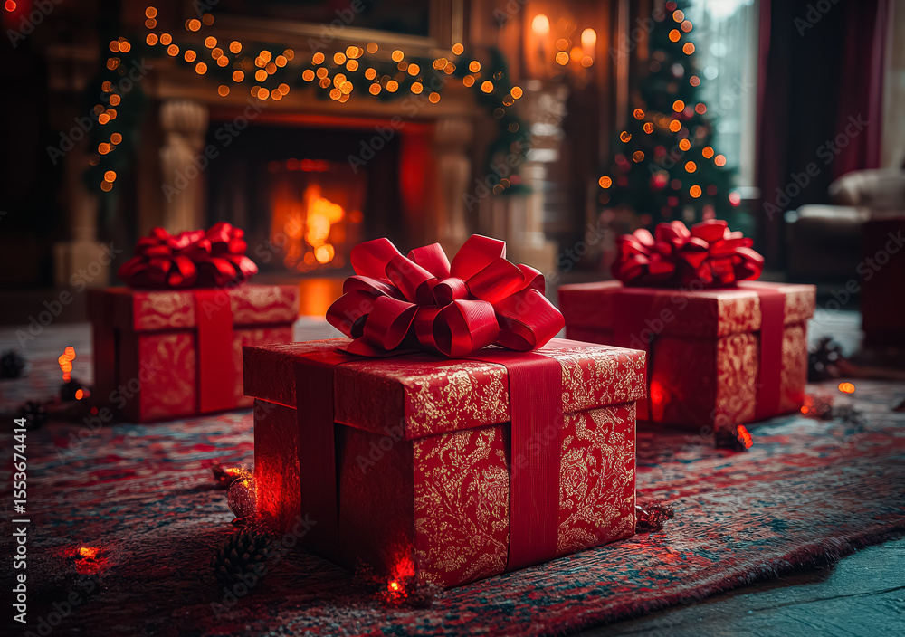 Aufkleber three red boxes with red bows on them are sitting on a rug in front of a fireplace. the boxes are de