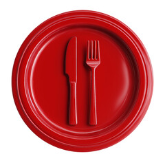 3D icon of a red plate with a knife and fork, top view, isolated on a transparent background in PNG format.