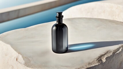 Minimalist Black Bottle on Stone with Blue Pool Background