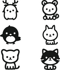 Fototapeta premium A fun collection of cute baby animal cartoon character icons including a cat, dog, pig, cow, bear, rabbit, panda, and fox