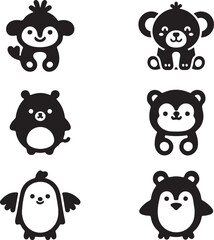 Funny cartoon vector animal character collection including dog, cat, bear, panda, lion, bird, owl, and pig for a fun baby safari zoo illustration set